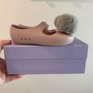 Baubles + Soles Kaia Ballet Slipper with Grey Pom Poms Size 10